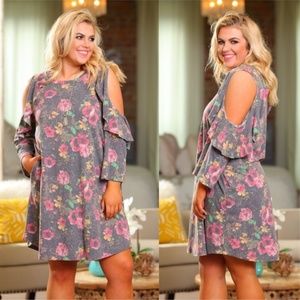 Gray Floral Vintage Wash Cold Shoulder Dress
